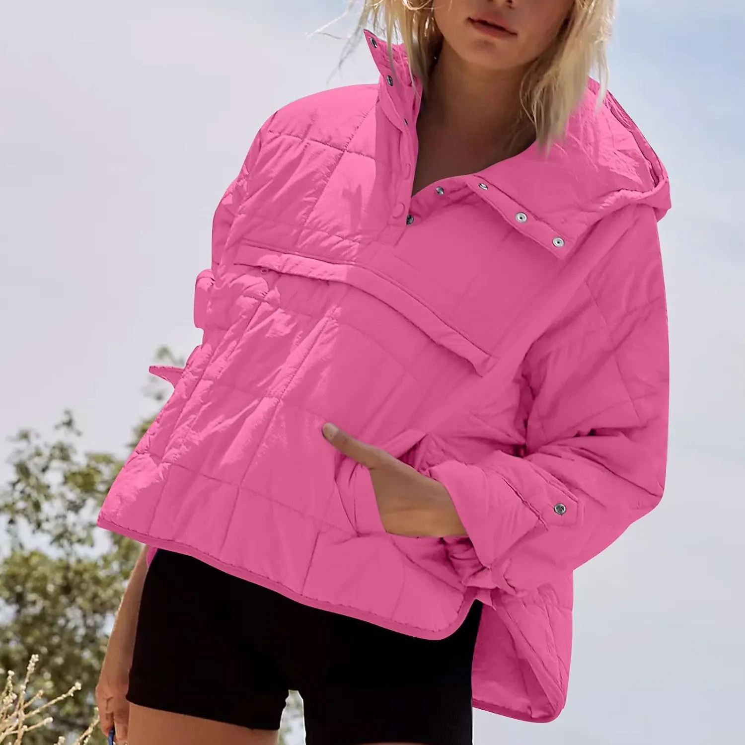 Basysin Pullover Puffer Bomber Jacket Quilted Jackets for Women Lightweight Long Sleeve Button Down Warm Coat with Pockets