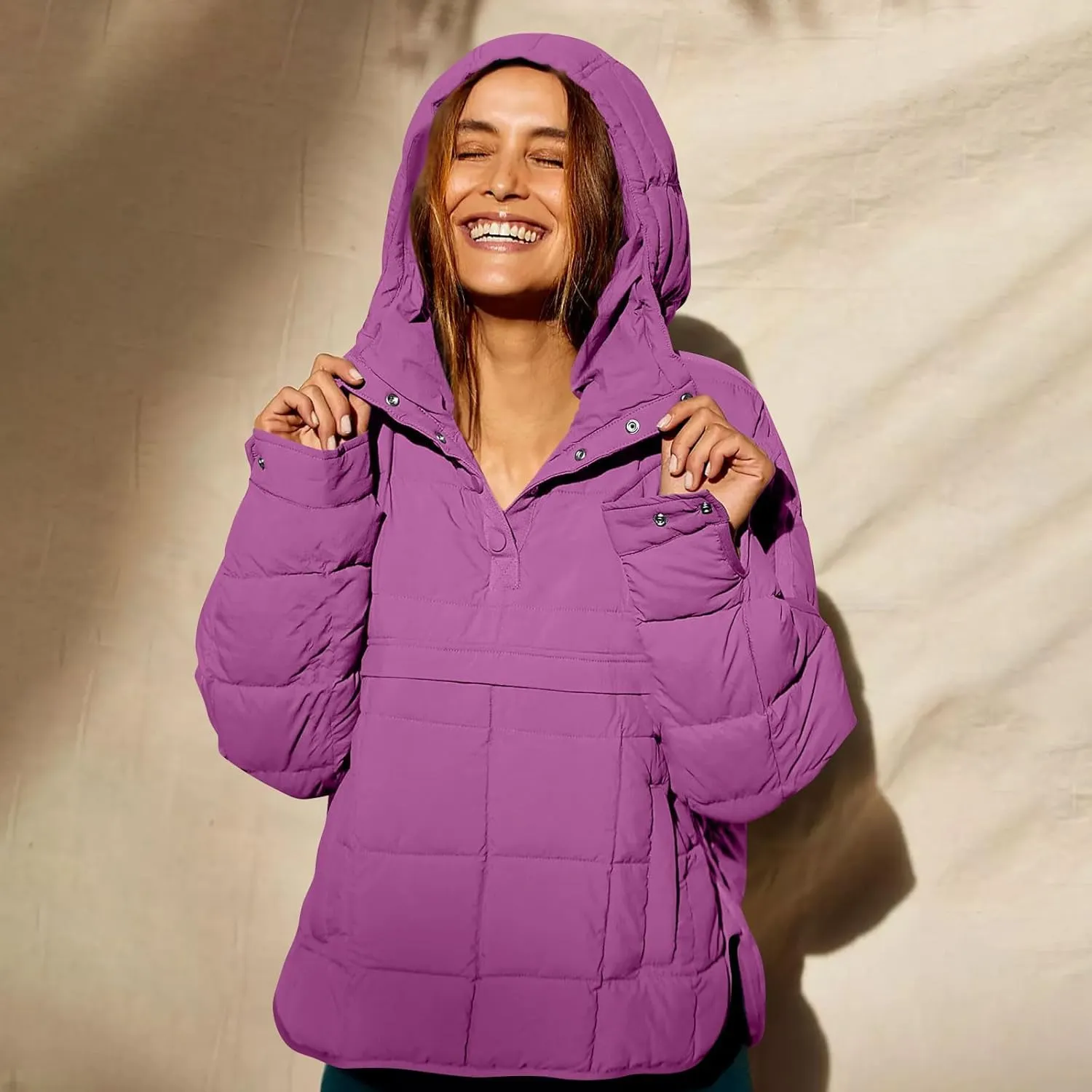 Basysin Pullover Puffer Bomber Jacket Quilted Jackets for Women Lightweight Long Sleeve Button Down Warm Coat with Pockets