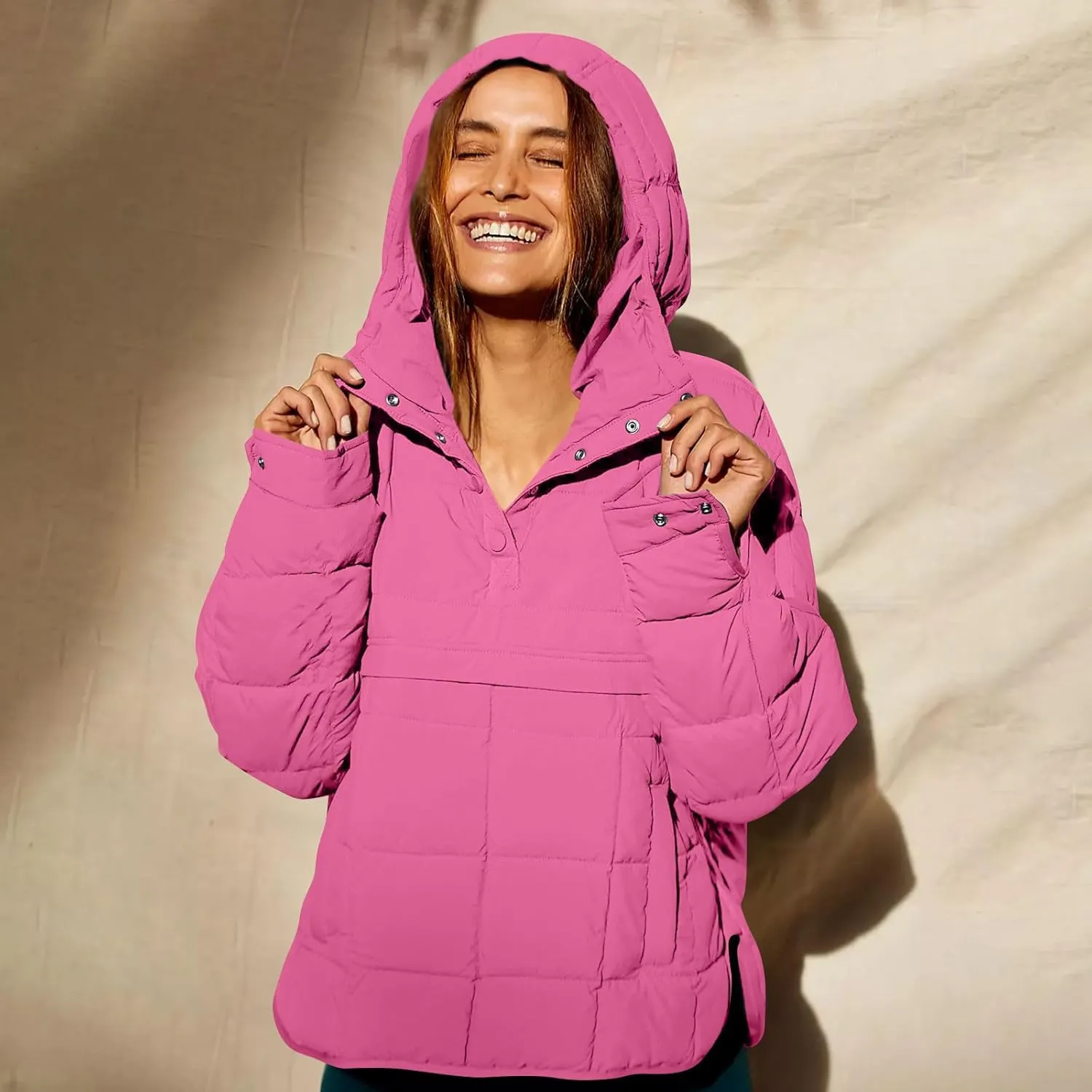 Basysin Pullover Puffer Bomber Jacket Quilted Jackets for Women Lightweight Long Sleeve Button Down Warm Coat with Pockets
