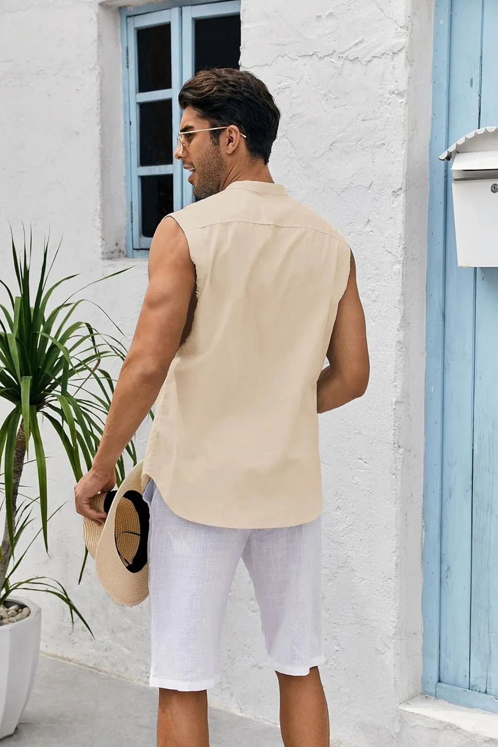 Bbalizko Mens Sleeveless Button Down Shirts Linen Cotton Summer Beach Basic Tank T-Shirt Tops
