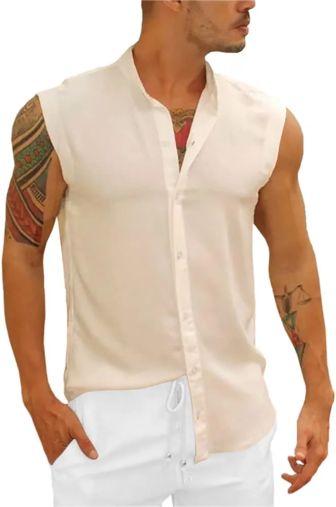 Bbalizko Mens Sleeveless Button Down Shirts Linen Cotton Summer Beach Basic Tank T-Shirt Tops