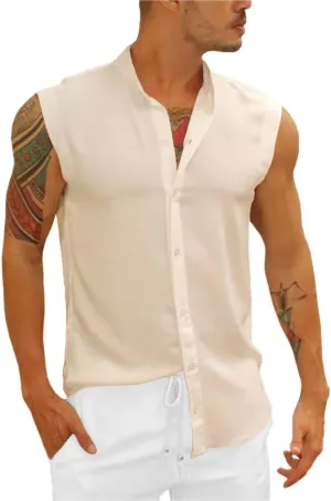 Bbalizko Mens Sleeveless Button Down Shirts Linen Cotton Summer Beach Basic Tank T-Shirt Tops