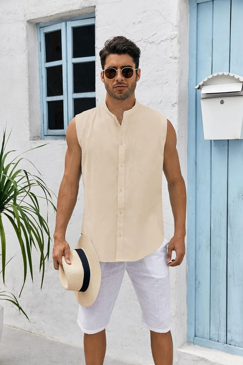Bbalizko Mens Sleeveless Button Down Shirts Linen Cotton Summer Beach Basic Tank T-Shirt Tops