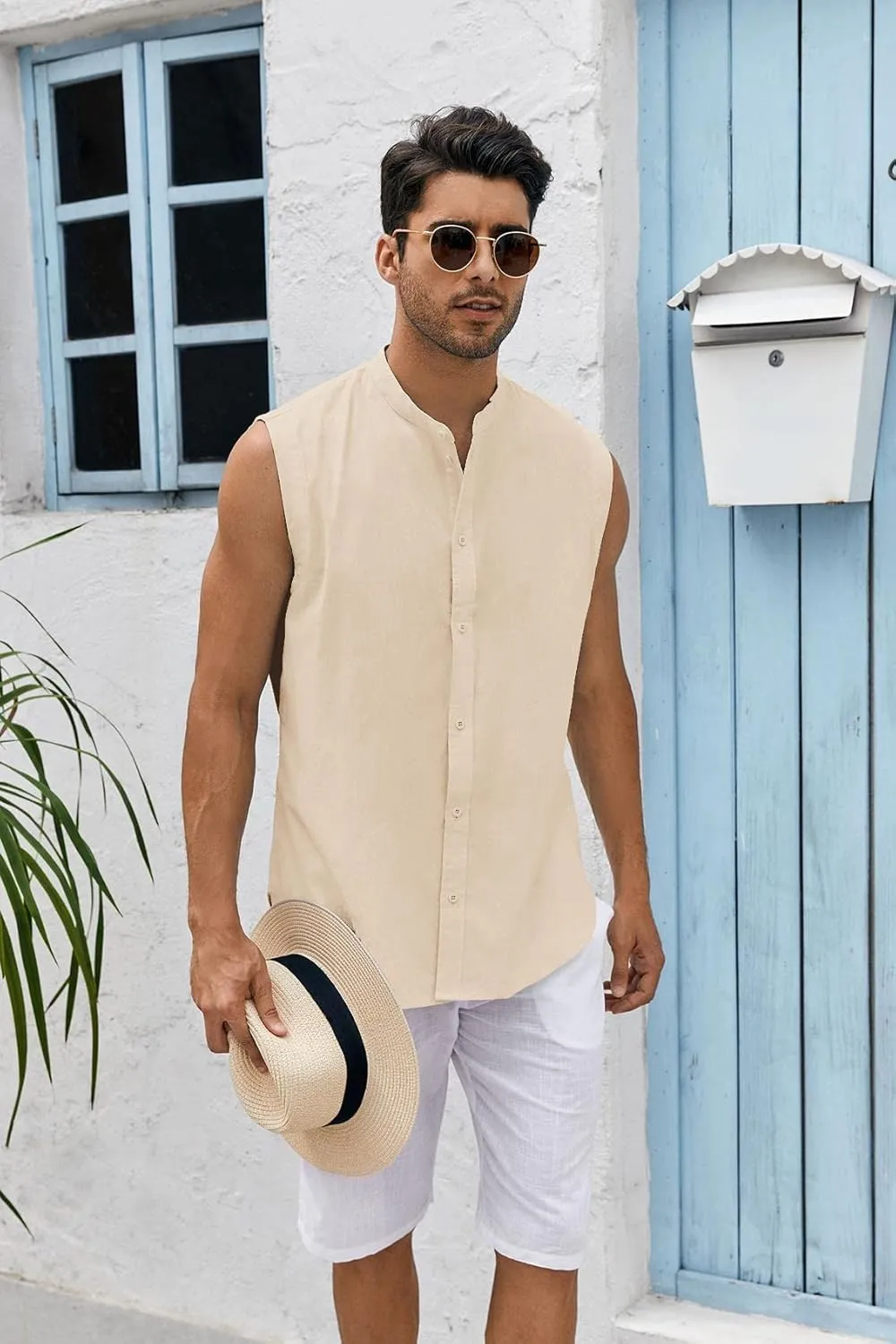 Bbalizko Mens Sleeveless Button Down Shirts Linen Cotton Summer Beach Basic Tank T-Shirt Tops