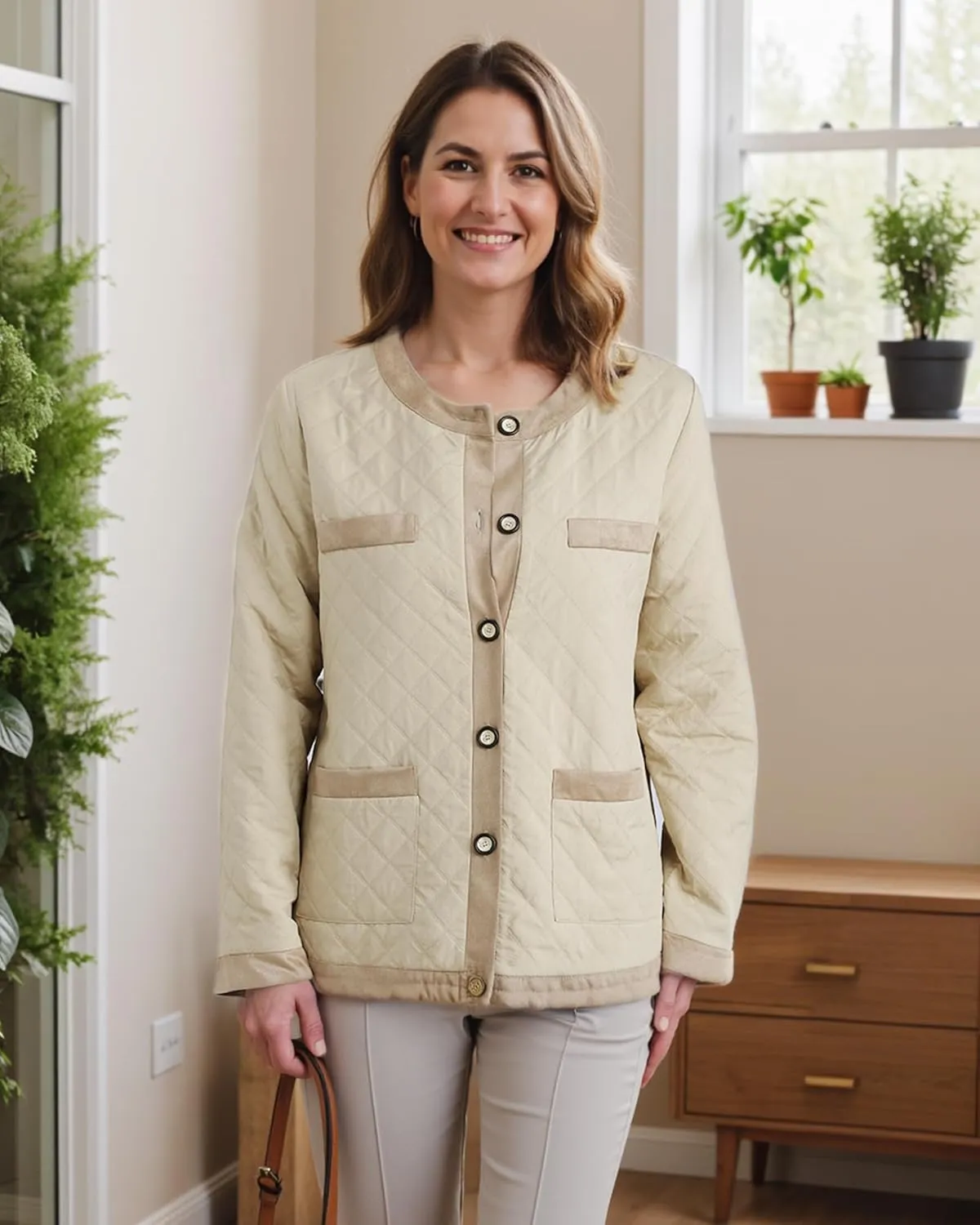 Bebonnie Women's Diamond Quilted Jacket Crew Neck Lightweight Long Sleeve Button Down Winter Coats with Pockets