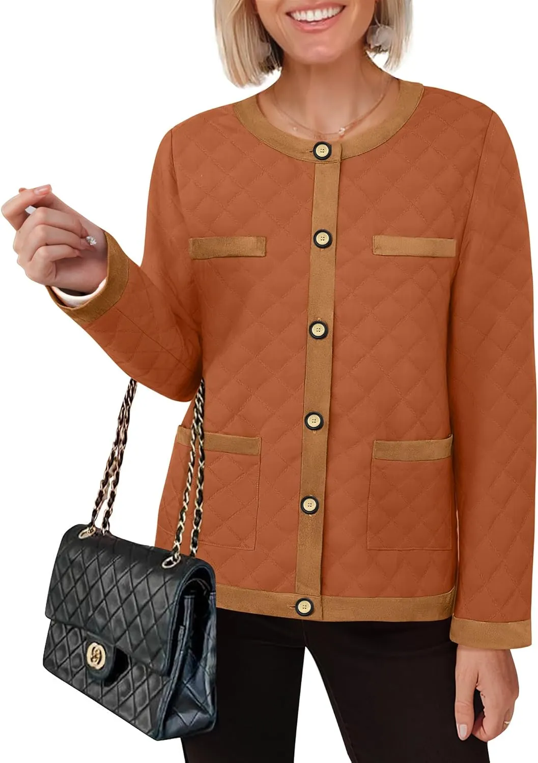 Bebonnie Women's Diamond Quilted Jacket Crew Neck Lightweight Long Sleeve Button Down Winter Coats with Pockets