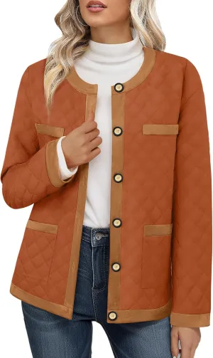 Bebonnie Women's Diamond Quilted Jacket Crew Neck Lightweight Long Sleeve Button Down Winter Coats with Pockets