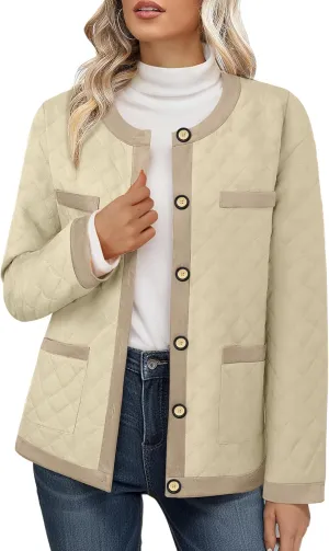 Bebonnie Women's Diamond Quilted Jacket Crew Neck Lightweight Long Sleeve Button Down Winter Coats with Pockets