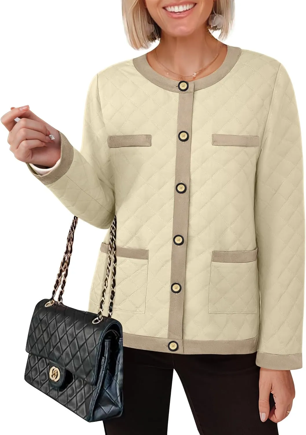 Bebonnie Women's Diamond Quilted Jacket Crew Neck Lightweight Long Sleeve Button Down Winter Coats with Pockets