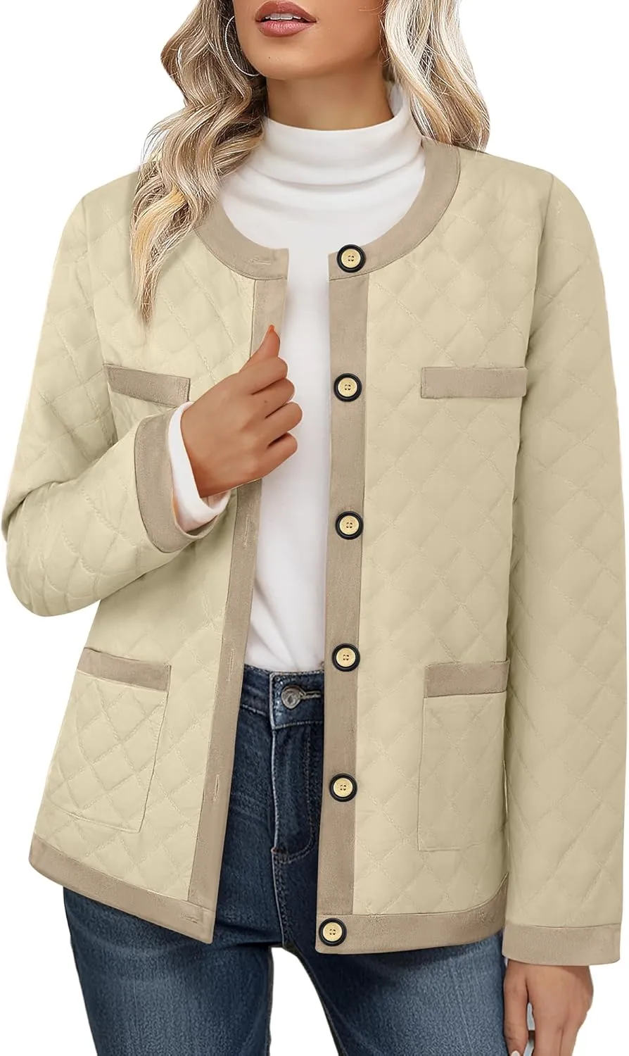 Bebonnie Women's Diamond Quilted Jacket Crew Neck Lightweight Long Sleeve Button Down Winter Coats with Pockets
