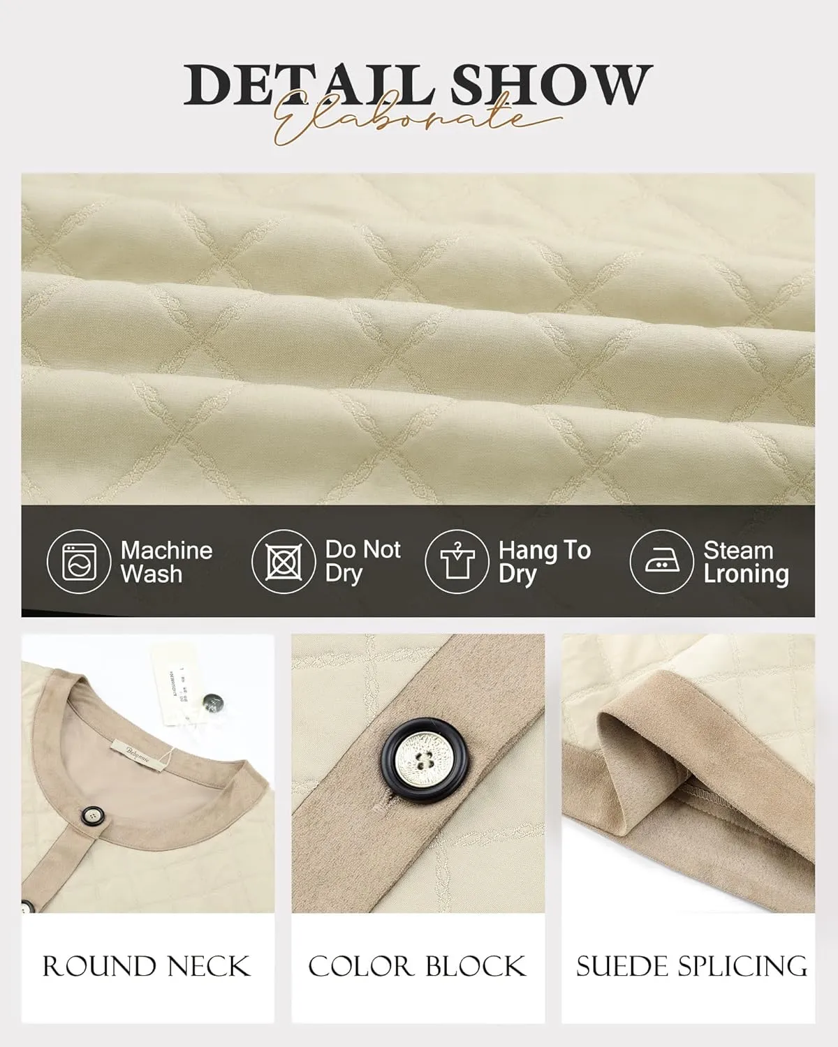 Bebonnie Women's Diamond Quilted Jacket Crew Neck Lightweight Long Sleeve Button Down Winter Coats with Pockets