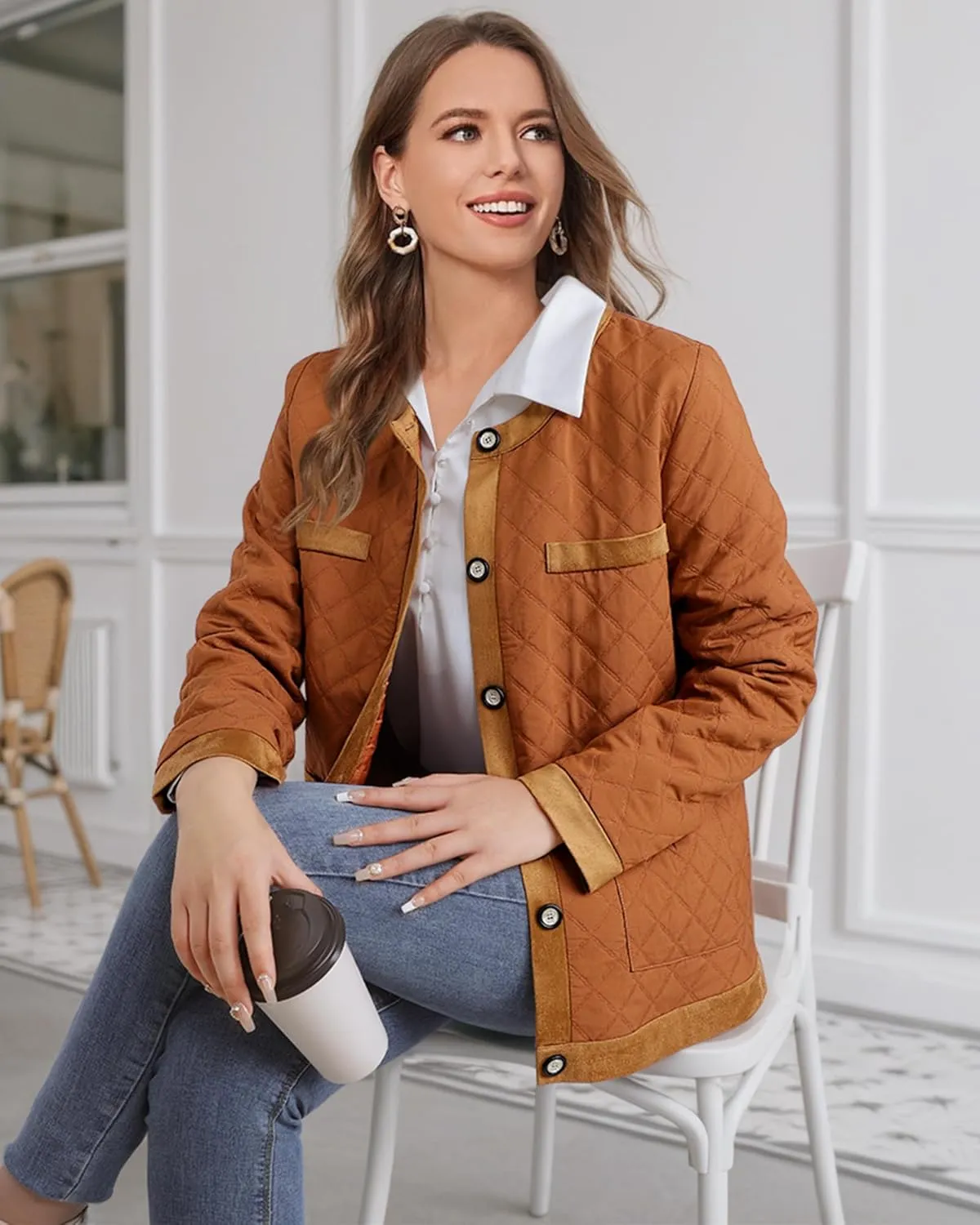 Bebonnie Women's Diamond Quilted Jacket Crew Neck Lightweight Long Sleeve Button Down Winter Coats with Pockets