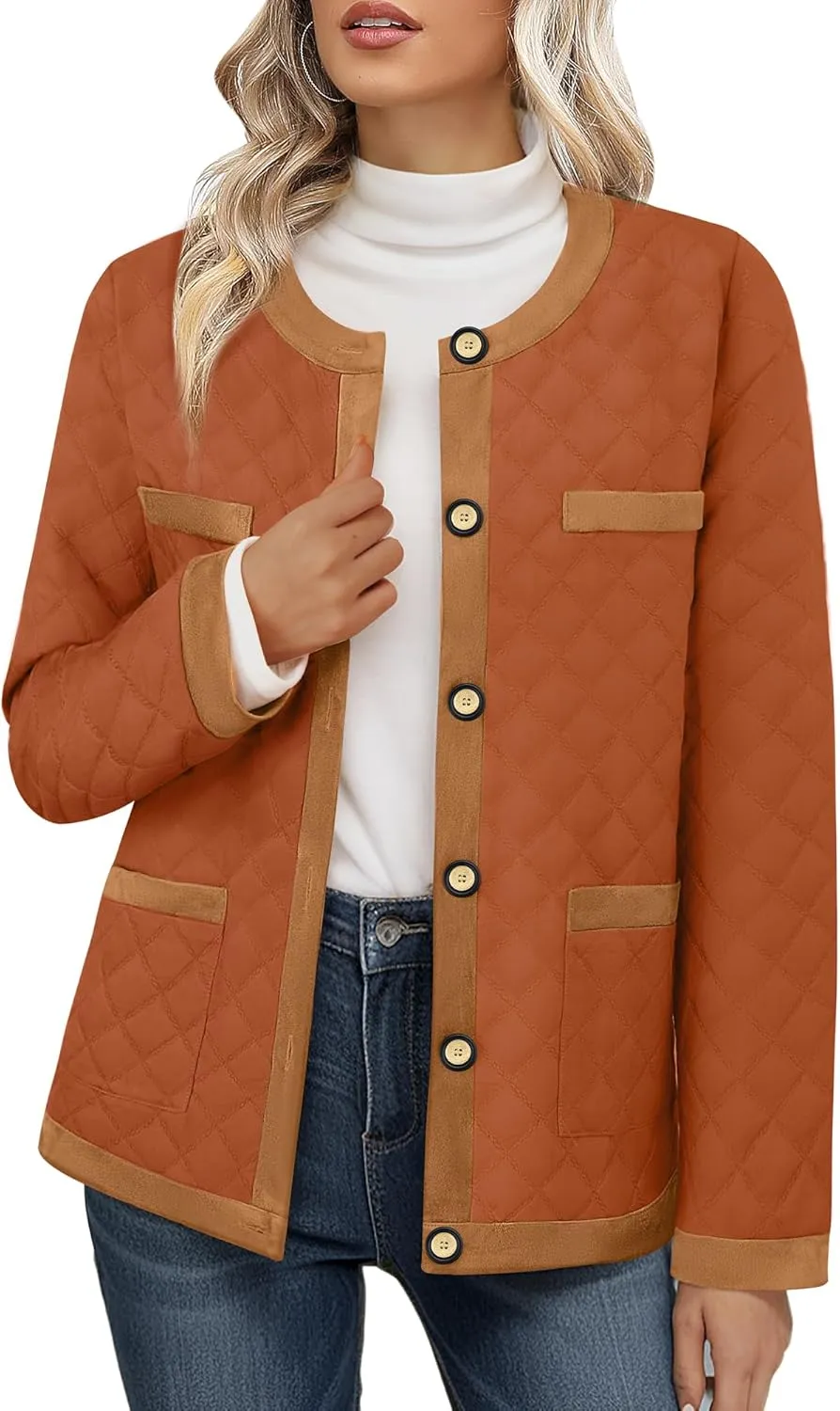 Bebonnie Women's Diamond Quilted Jacket Crew Neck Lightweight Long Sleeve Button Down Winter Coats with Pockets