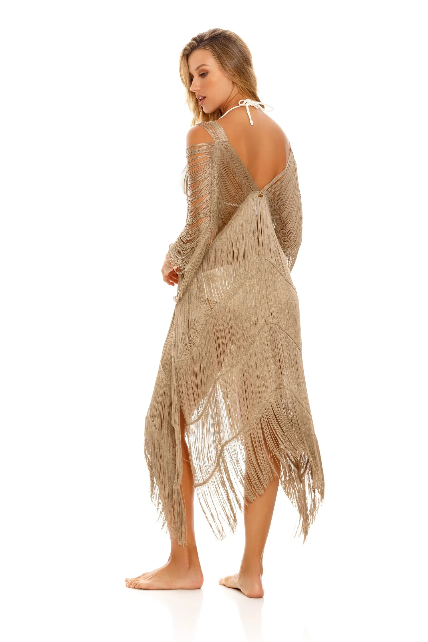 Beige Maxi Fringe Cover Up
