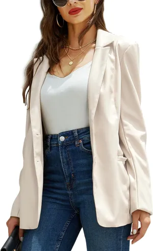 Bellivera Woman's Faux Leather Blazer Open Front Business Casual Jacket Mid-Length Spring Fashion Coat with Pockets