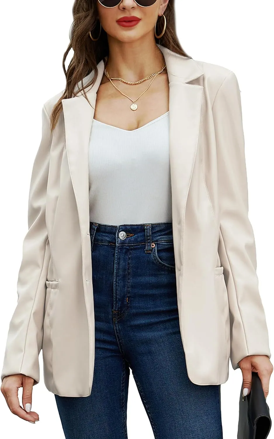 Bellivera Woman's Faux Leather Blazer Open Front Business Casual Jacket Mid-Length Spring Fashion Coat with Pockets