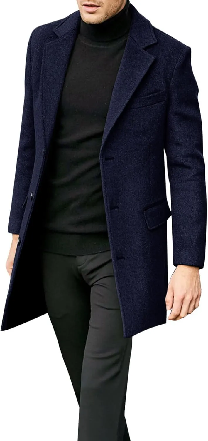 Beotyshow Mens Single Breasted Trench Coat Winter Pea Coat Notch Lapel Long Casual Overcoat