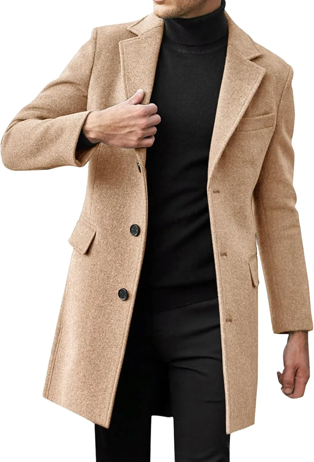 Beotyshow Mens Single Breasted Trench Coat Winter Pea Coat Notch Lapel Long Casual Overcoat