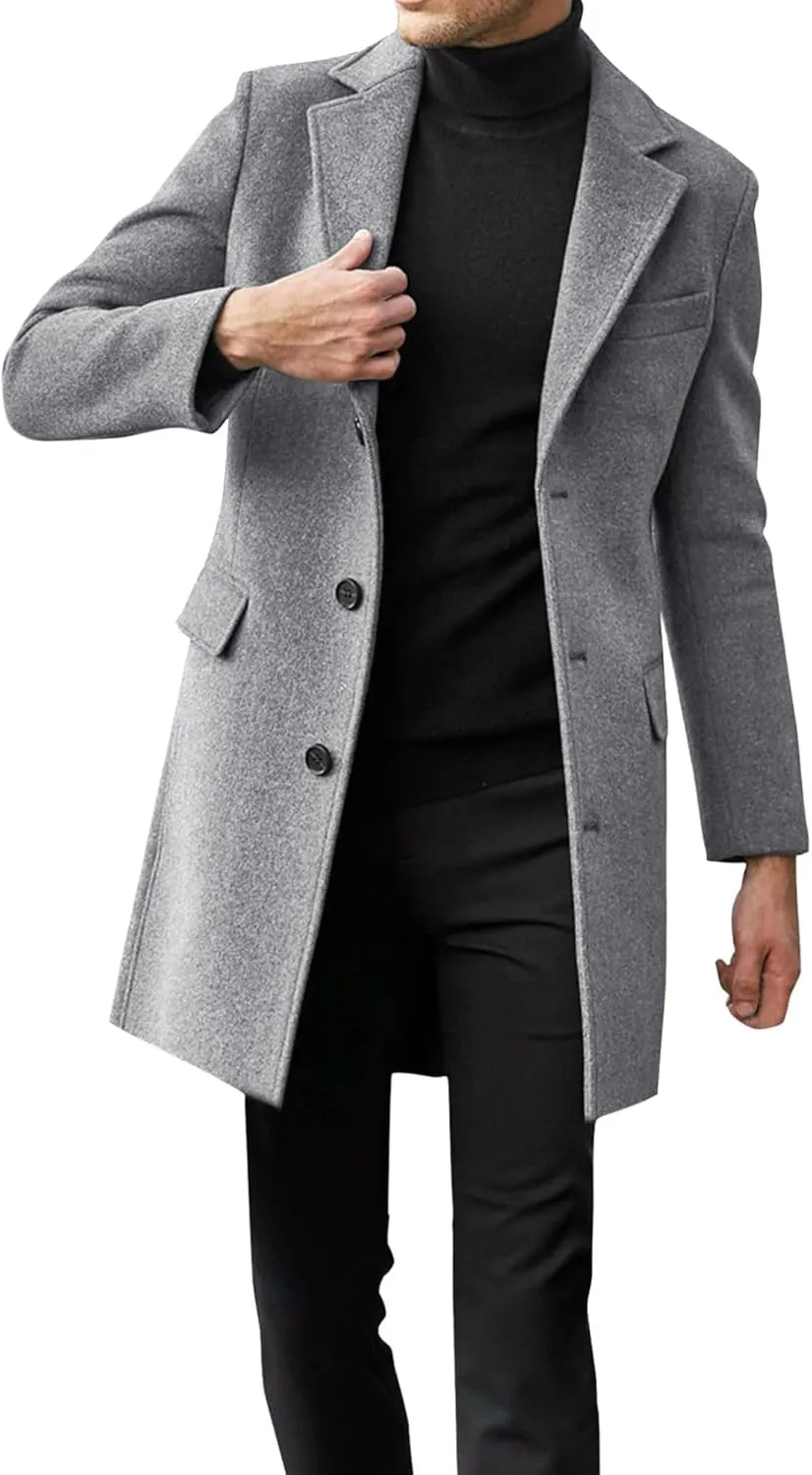 Beotyshow Mens Single Breasted Trench Coat Winter Pea Coat Notch Lapel Long Casual Overcoat