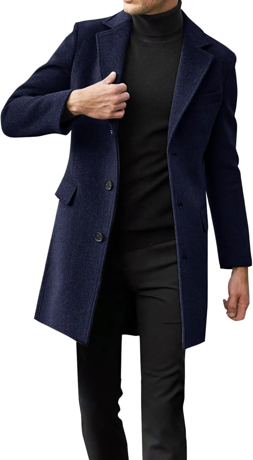 Beotyshow Mens Single Breasted Trench Coat Winter Pea Coat Notch Lapel Long Casual Overcoat