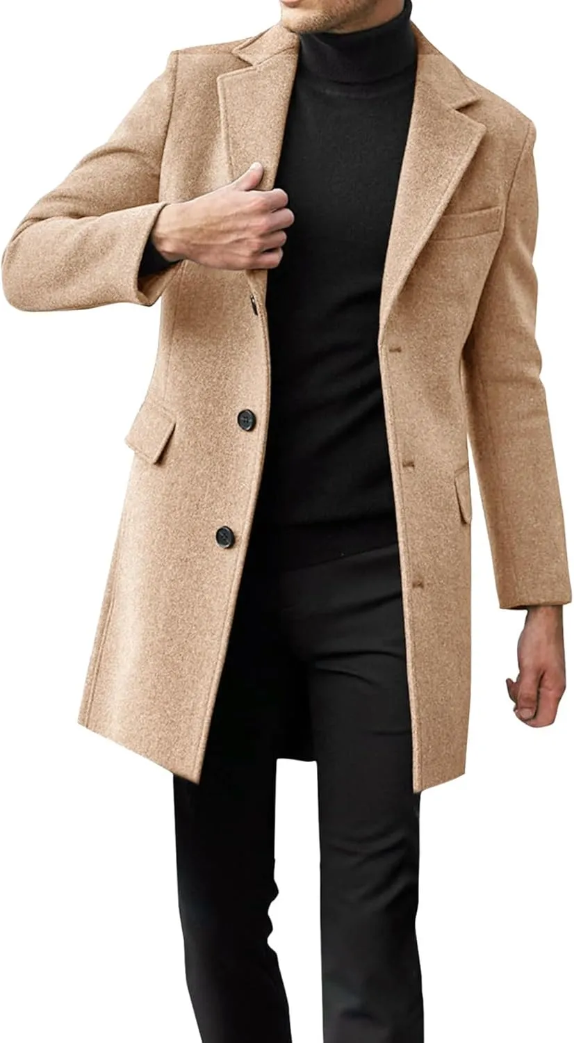 Beotyshow Mens Single Breasted Trench Coat Winter Pea Coat Notch Lapel Long Casual Overcoat