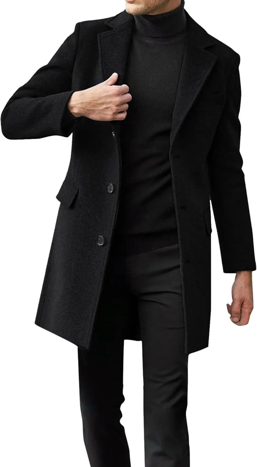 Beotyshow Mens Single Breasted Trench Coat Winter Pea Coat Notch Lapel Long Casual Overcoat