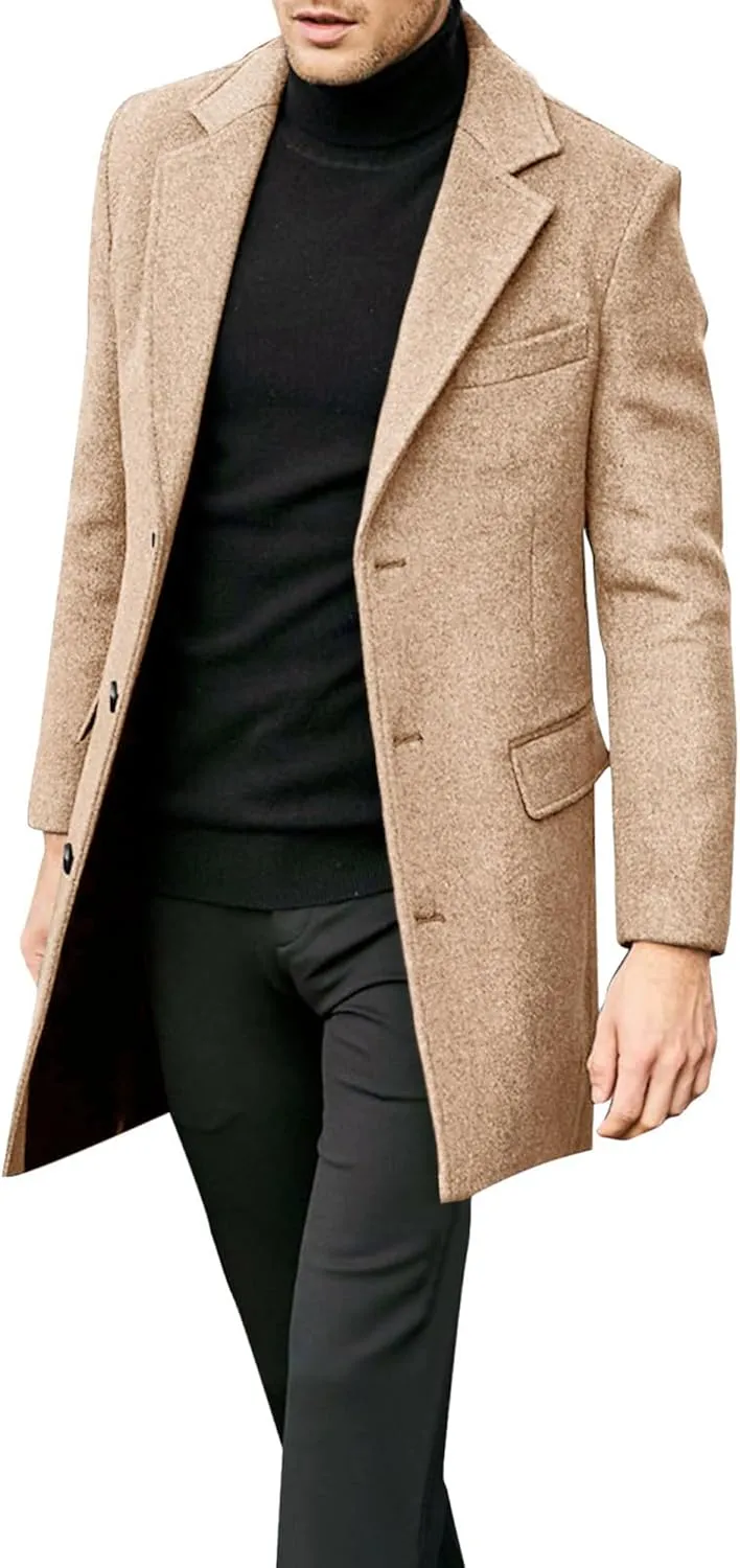 Beotyshow Mens Single Breasted Trench Coat Winter Pea Coat Notch Lapel Long Casual Overcoat