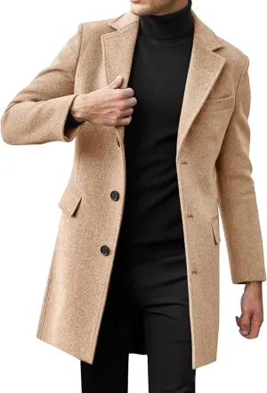 Beotyshow Mens Single Breasted Trench Coat Winter Pea Coat Notch Lapel Long Casual Overcoat