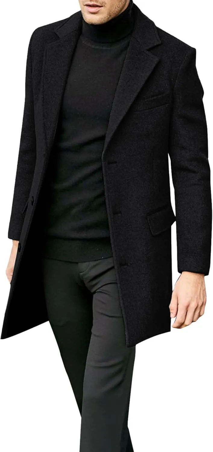 Beotyshow Mens Single Breasted Trench Coat Winter Pea Coat Notch Lapel Long Casual Overcoat
