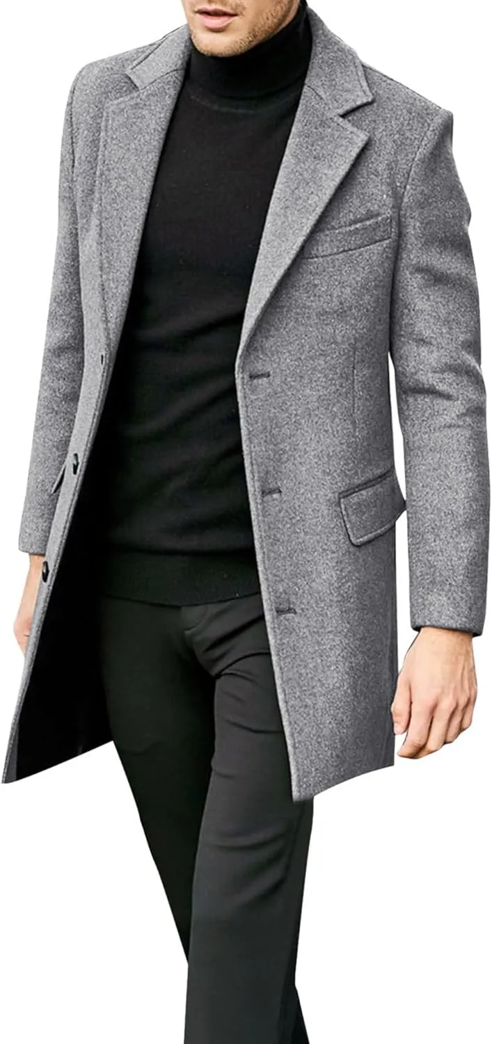 Beotyshow Mens Single Breasted Trench Coat Winter Pea Coat Notch Lapel Long Casual Overcoat
