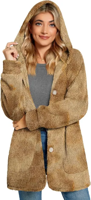 Bestbee Warm Fleece Jackets for Women, Fuzzy Hooded Casual Coats Lidies 2024 Cardigan Sweaters Outerwear with Pockets, L, Fawn