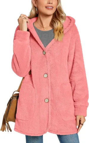 Bestbee Warm Fleece Jackets for Women, Plus Size Fuzzy Hooded Casual Coats Lidies 2024 Cardigan Sweaters Outerwear with Pockets, 2XL, Pink