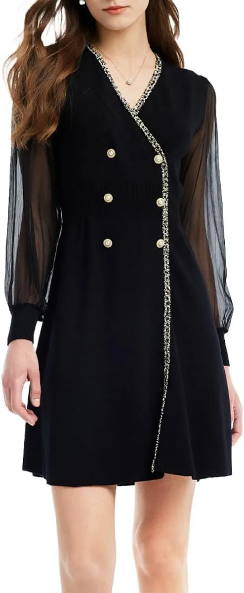 Black Dress for Women Formal Silk or Lace Long Sleeves V Neck Velvet Dresses