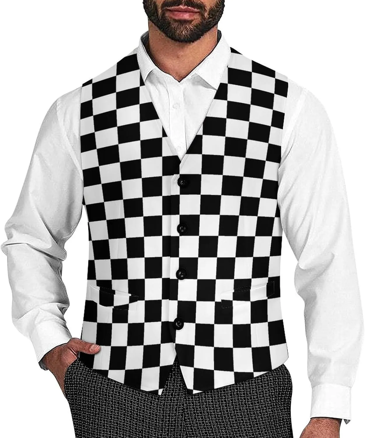 Black White Racing Checkered Funny Men's Formal Suit Vest Casual Business Dress Waistcoat Printed Vest Slim Fit