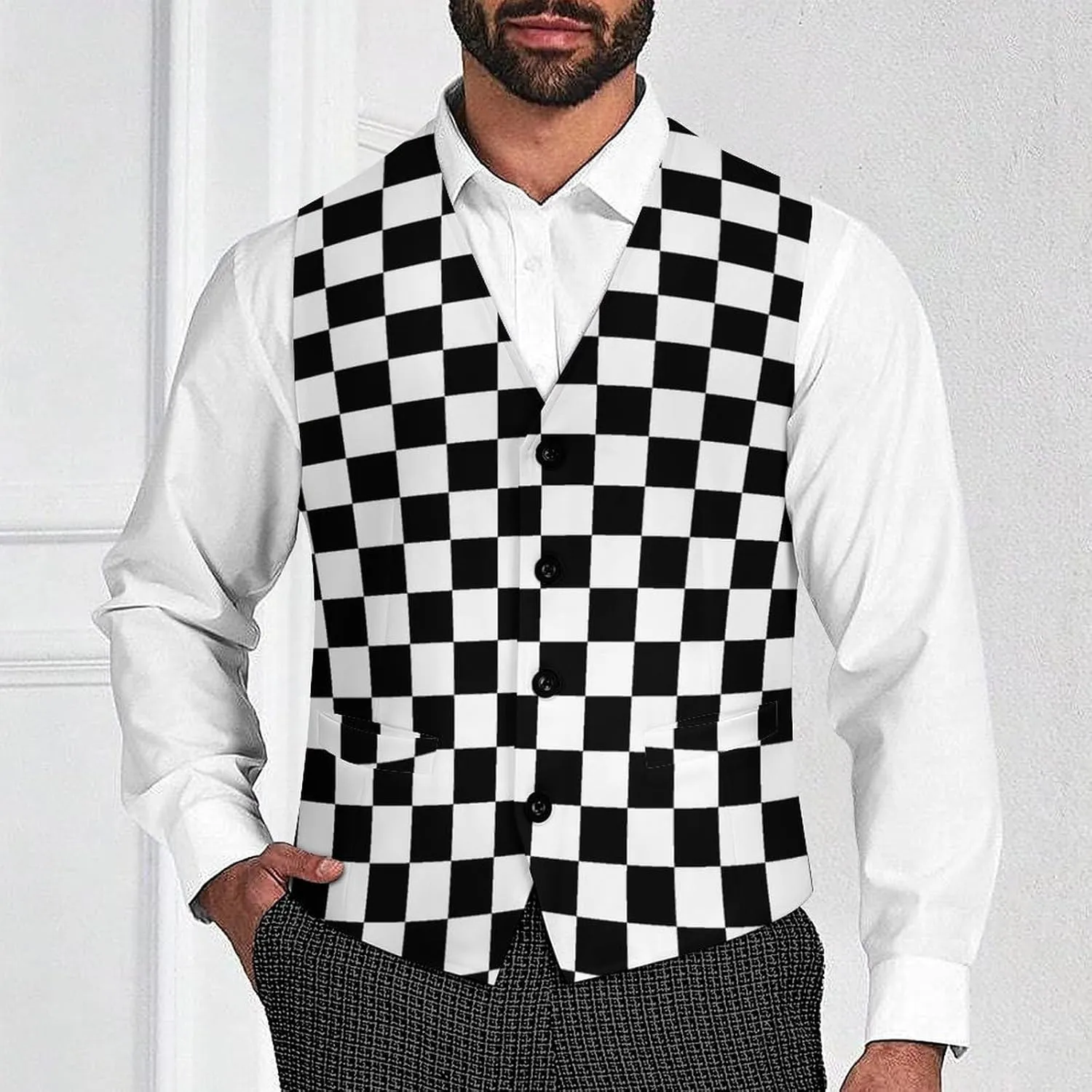 Black White Racing Checkered Funny Men's Formal Suit Vest Casual Business Dress Waistcoat Printed Vest Slim Fit