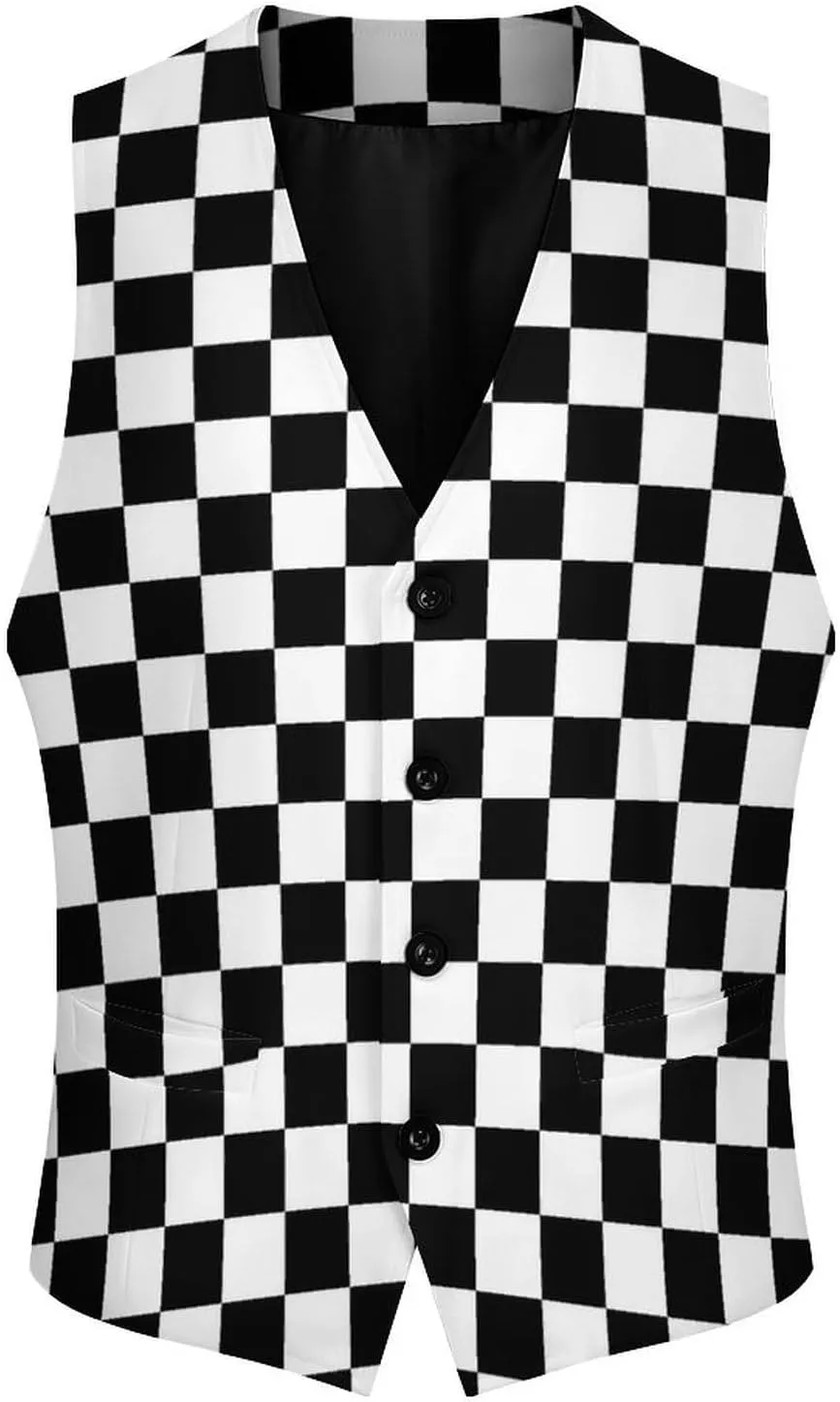 Black White Racing Checkered Funny Men's Formal Suit Vest Casual Business Dress Waistcoat Printed Vest Slim Fit