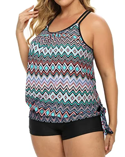 Blouson Plus Size Two Piece Tankini Swimsuit With Boy Shorts For Women-Black Tribal