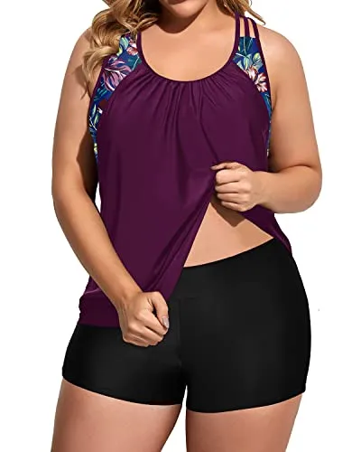 Blouson Racerback Tankini Top For Women With Big Breasts-Maroon Leaf