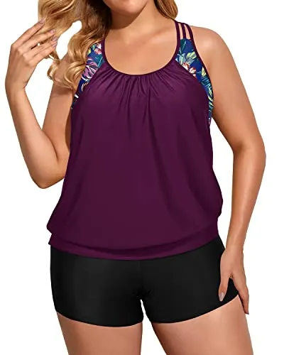 Blouson Racerback Tankini Top For Women With Big Breasts-Maroon Leaf