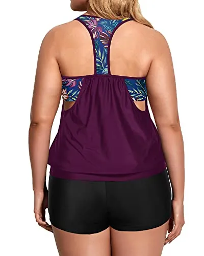 Blouson Racerback Tankini Top For Women With Big Breasts-Maroon Leaf