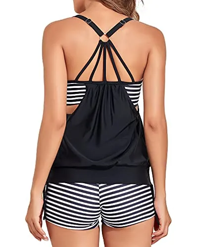 Blouson Tankini Swimsuit For Women Two Piece Tummy Control Bathing Suits-Black And White Stripe
