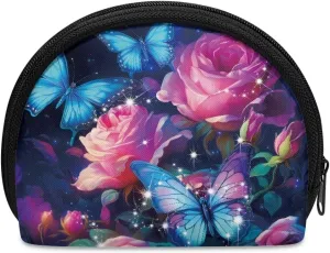 Blue Butterfly Skincare Bag Rose Small Pouch for Purse Lazy Makeup Bag Soft Fabric Cosmetic Pouch Makeup Bag Zipper Pouch Round Makeup Bag Gift for Friends Family Sisters, CZA37