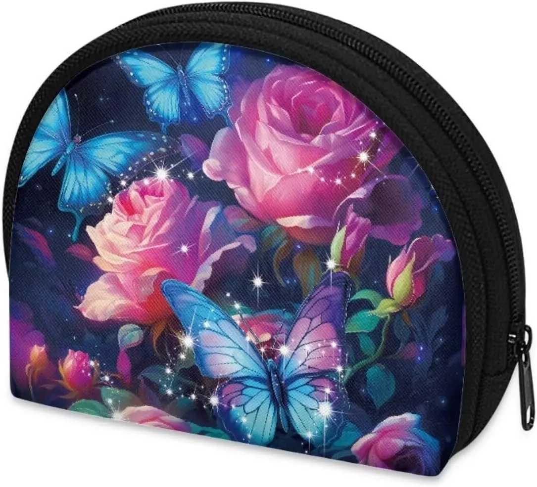 Blue Butterfly Skincare Bag Rose Small Pouch for Purse Lazy Makeup Bag Soft Fabric Cosmetic Pouch Makeup Bag Zipper Pouch Round Makeup Bag Gift for Friends Family Sisters, CZA37