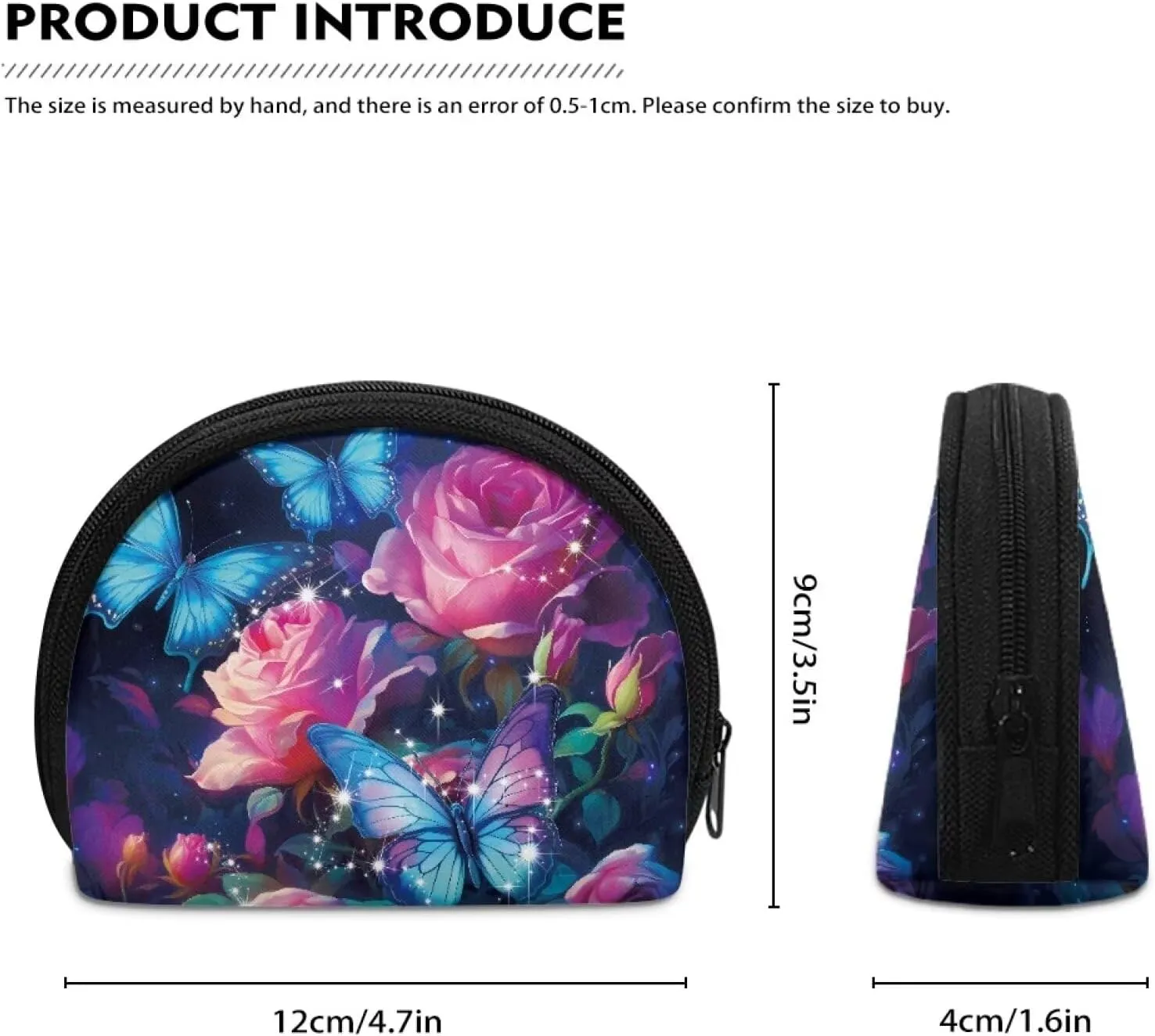 Blue Butterfly Skincare Bag Rose Small Pouch for Purse Lazy Makeup Bag Soft Fabric Cosmetic Pouch Makeup Bag Zipper Pouch Round Makeup Bag Gift for Friends Family Sisters, CZA37