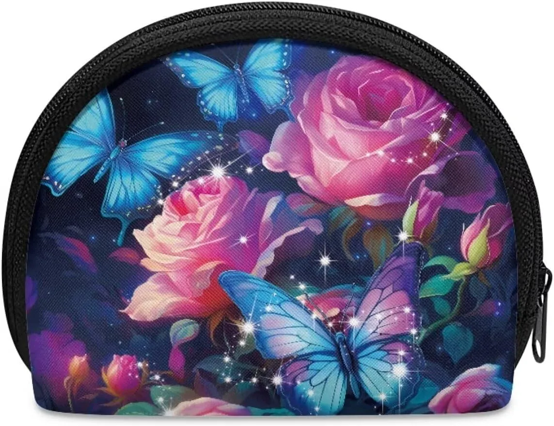 Blue Butterfly Skincare Bag Rose Small Pouch for Purse Lazy Makeup Bag Soft Fabric Cosmetic Pouch Makeup Bag Zipper Pouch Round Makeup Bag Gift for Friends Family Sisters, CZA37