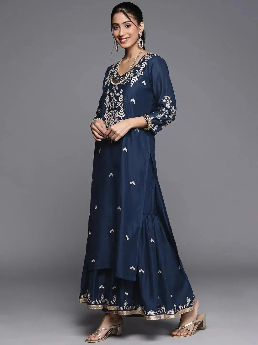Blue Embroidered Chanderi Silk Straight Kurta With Sharara & Dupatta