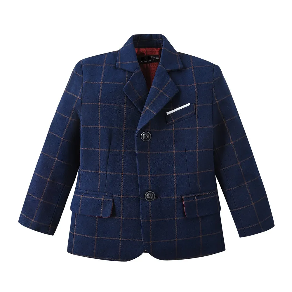 Blue Plaid Elegant Formal 4 Piece Boys Suits With Jacket Pants Shirt Tie