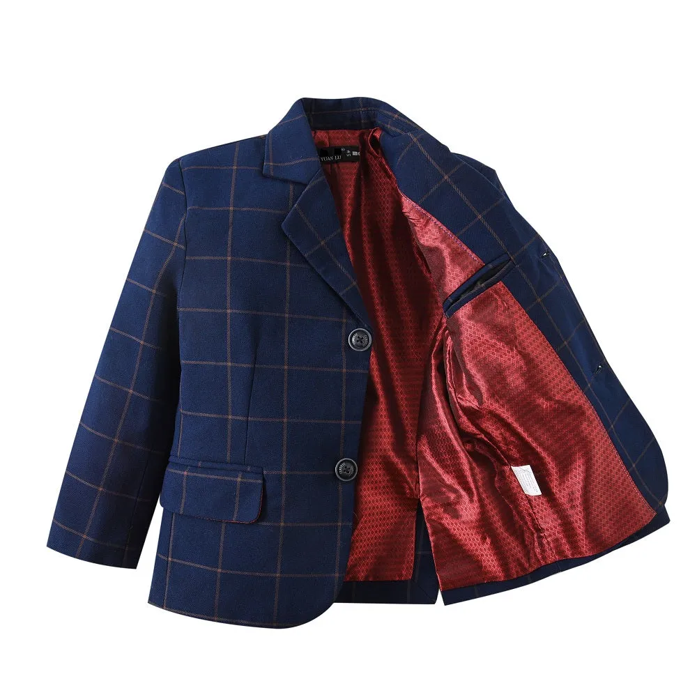 Blue Plaid Elegant Formal 4 Piece Boys Suits With Jacket Pants Shirt Tie