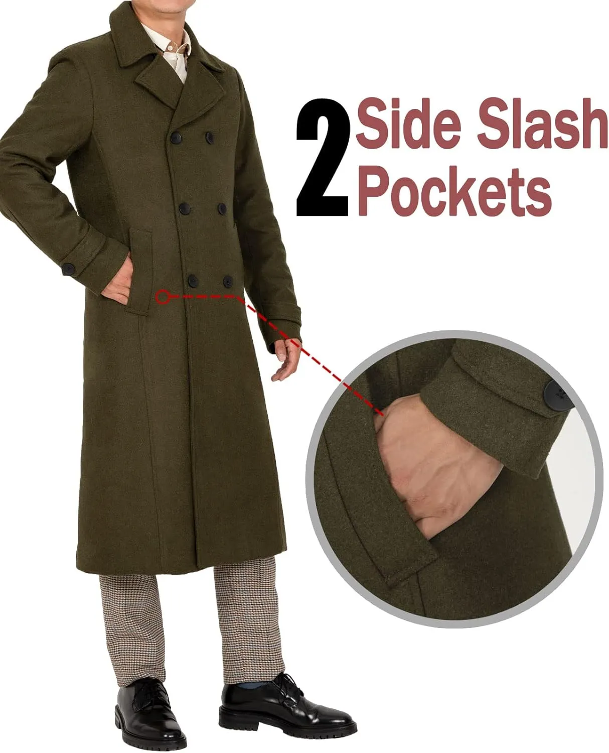 Bonnorth Men's Premium Wool Blend Full Length Trench Coat Winter Double Breasted Notch Lapel Pea Coats
