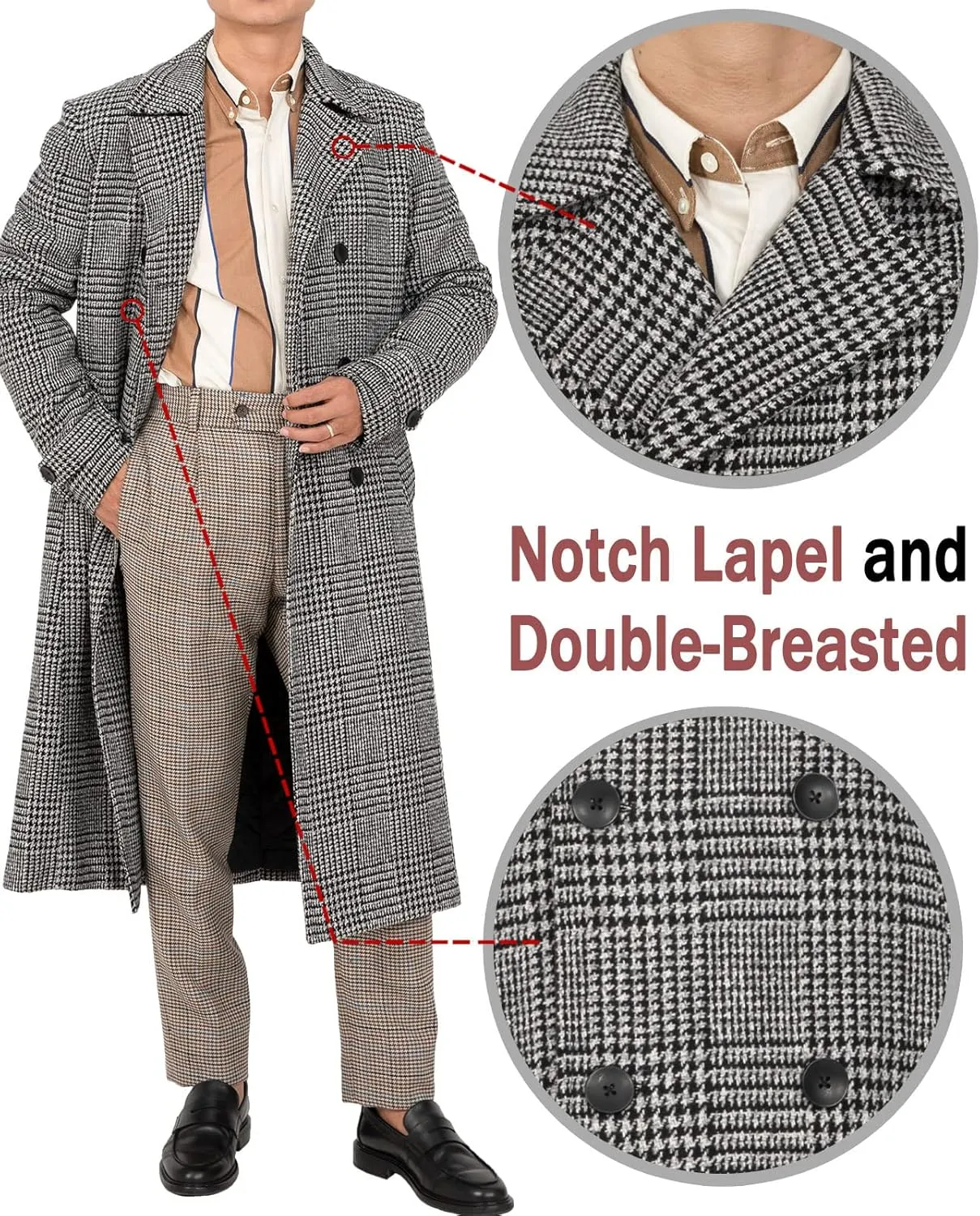 Bonnorth Men's Premium Wool Blend Full Length Trench Coat Winter Double Breasted Notch Lapel Pea Coats
